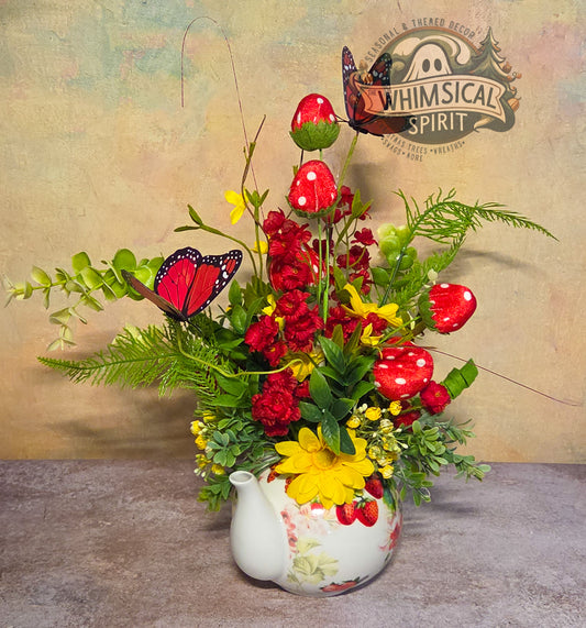 Berry Patch Tea Gathering - Strawberry Butterfly Vintage Teapot Centerpiece