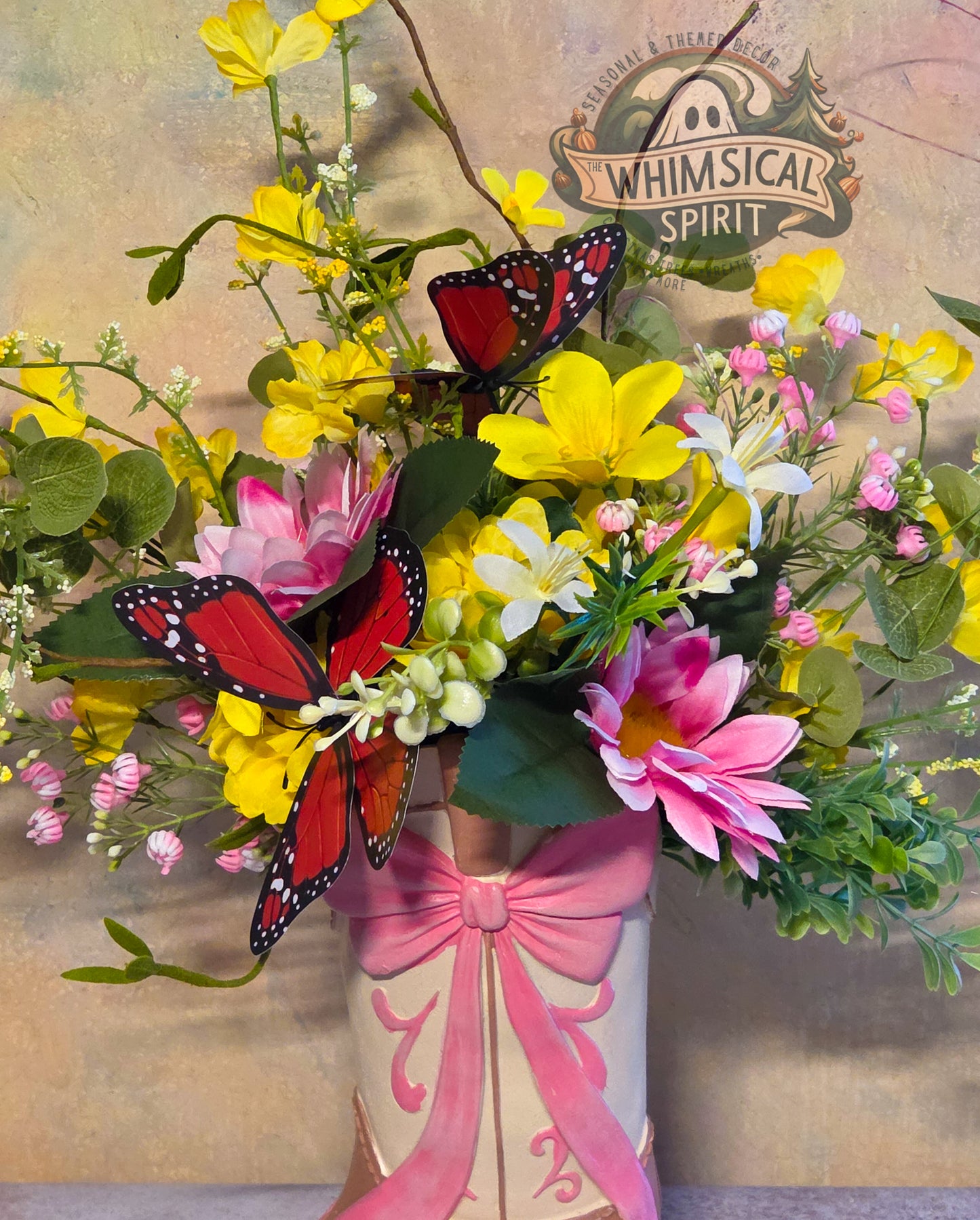 Boots, Blooms & Butterflies - Pink Floral Cowgirl Boot Centerpiece