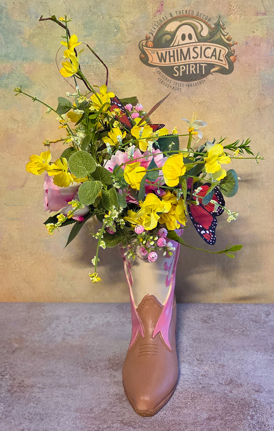 Boots, Blooms & Butterflies - Pink Floral Cowgirl Boot Centerpiece