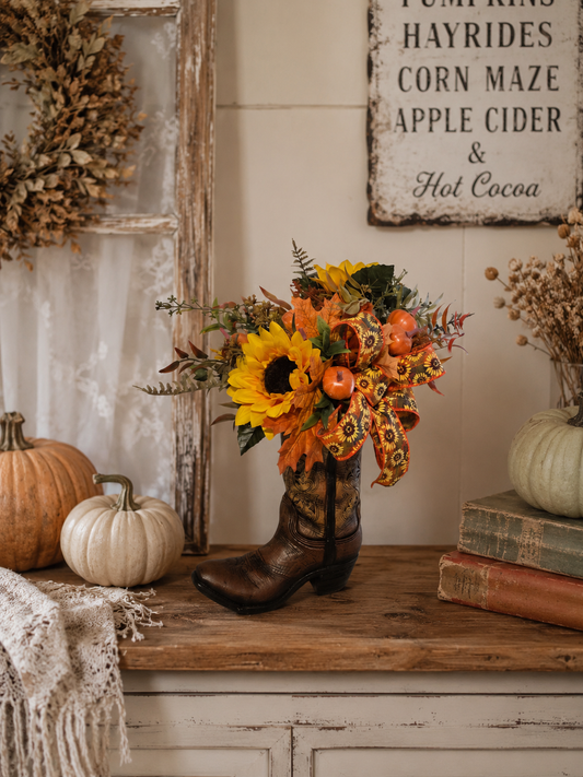 Harvest Boot Bloom | Fall Cowboy Boot Centerpiece with Sunflowers & Pumpkins