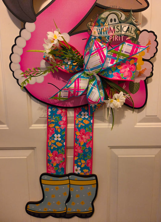 Flamingo Garden Stroll - Tropical Summer Flamingo Doorhanger with Bow