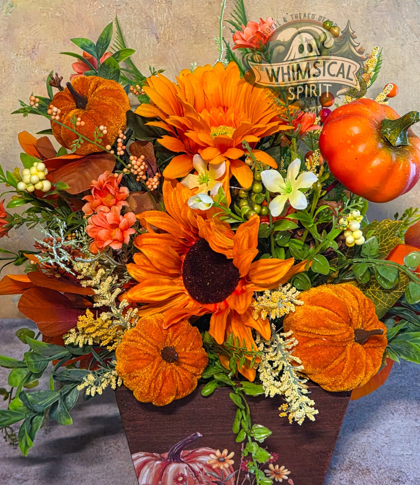 Golden Gourd Glow | Fall Pumpkin Centerpiece with Sunflowers & Autumn Florals