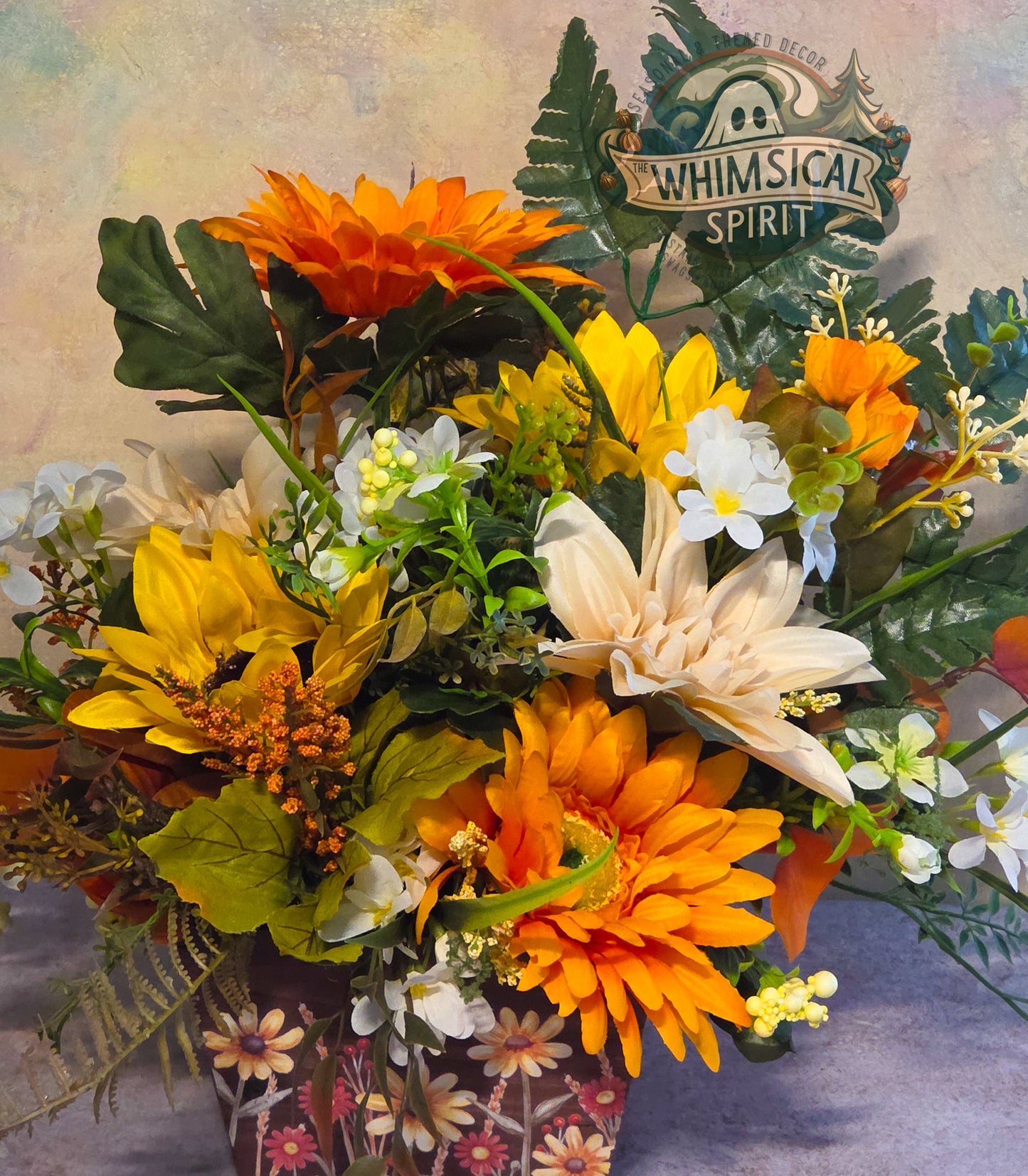 Golden Harvest Garden | Fall Floral Centerpiece with Sunflowers & Autumn Greenery