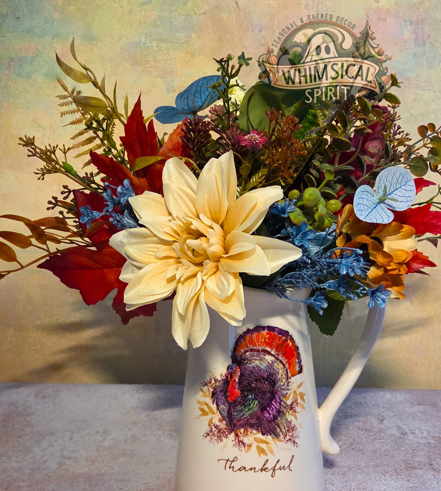 Harvest Hearth Blessing | Thanksgiving Pitcher Centerpiece with Autumn Florals
