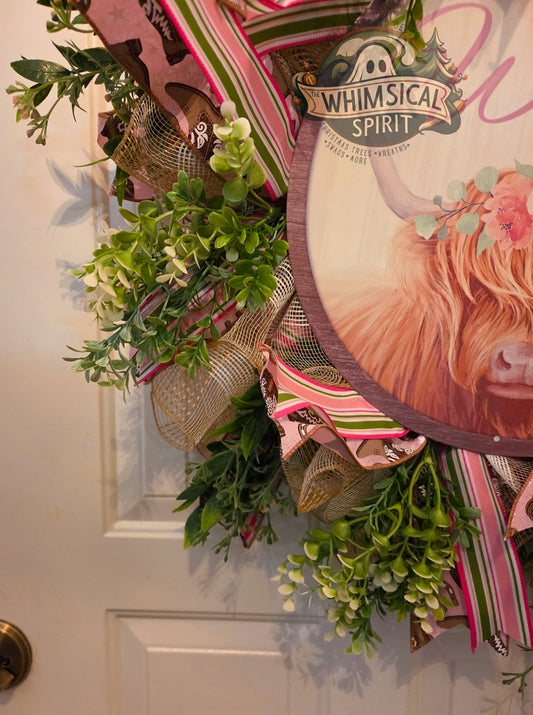 Highland Garden Greeting - Everyday Welcome Highland Cow Floral Wreath