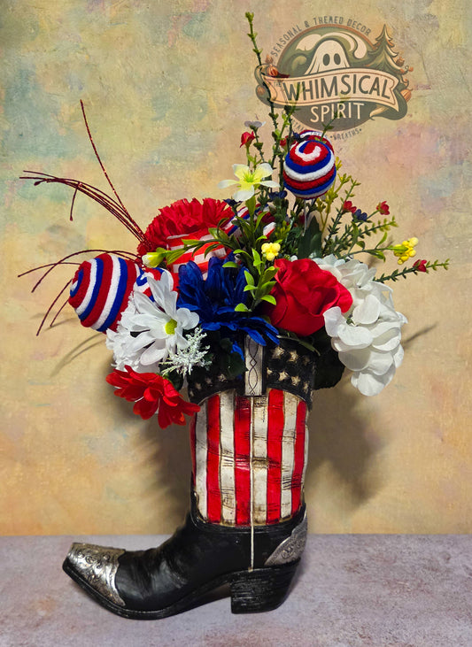 Liberty Boot Bloom - 4th of July America 250 Patriotic Floral Cowboy Boot Centerpiece