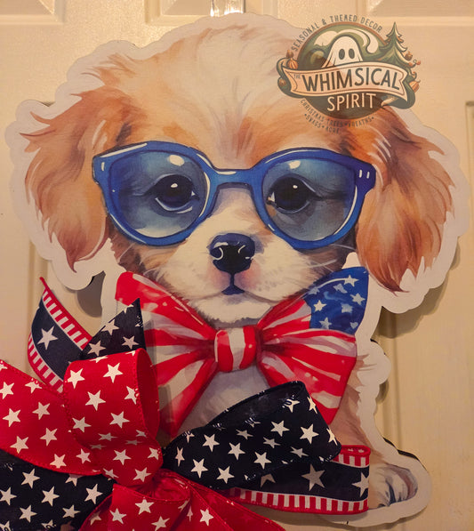 Red, Woof & Blue - 4th of July Patriotic Dog Lover Door Hanger with Bow