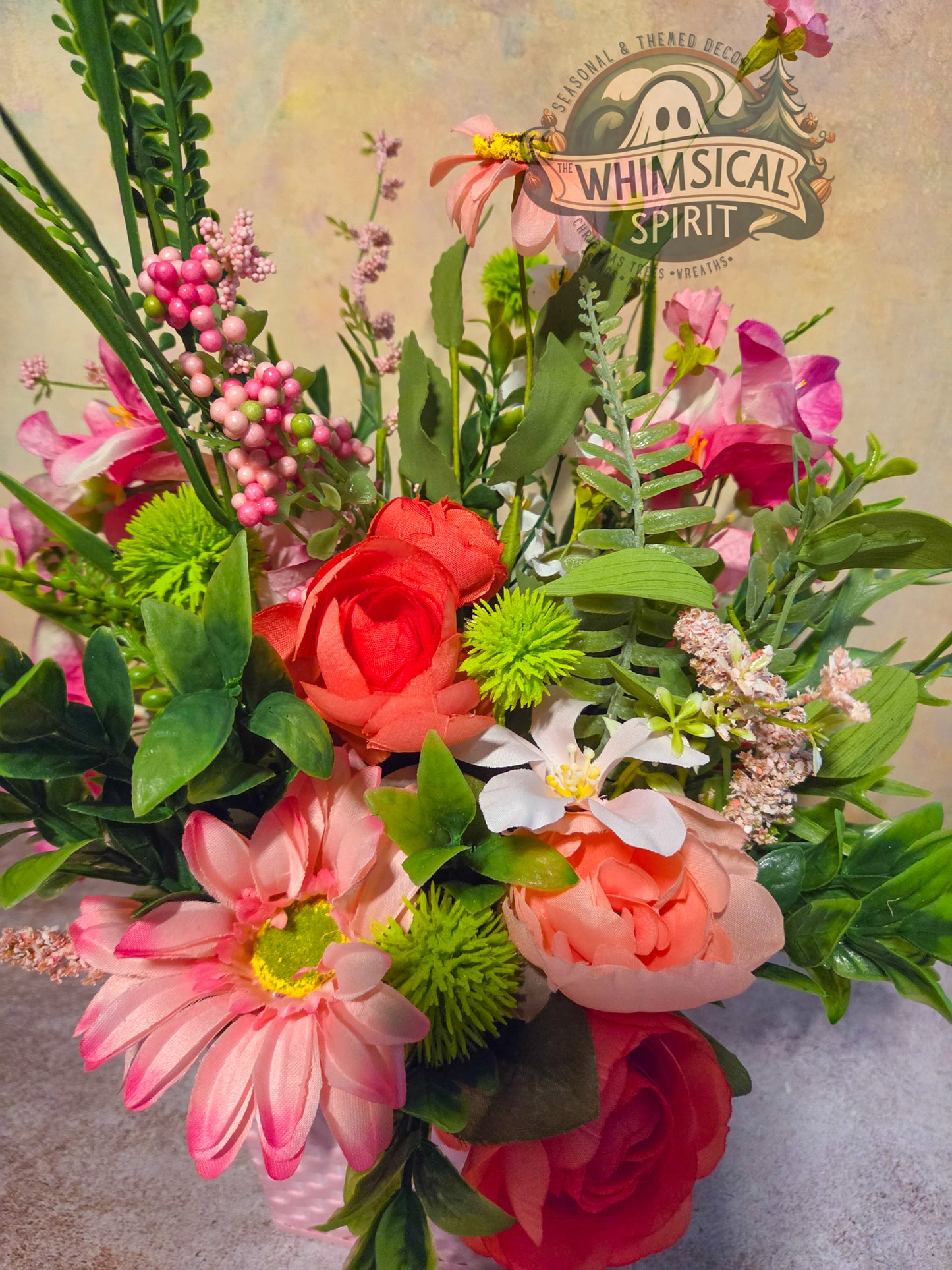 The Blushing Garden Basket - Pink Spring Floral Tabletop Centerpiece