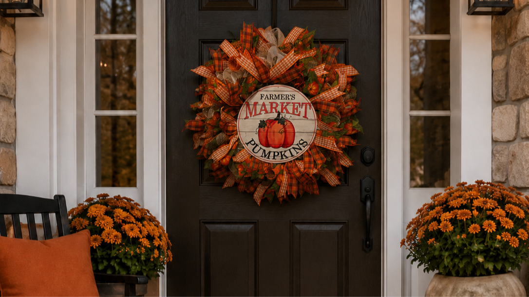 Fall pumpkin wreath displayed on a cozy front porch with mums, pumpkins, lanterns, and warm autumn decor on a dark front door.