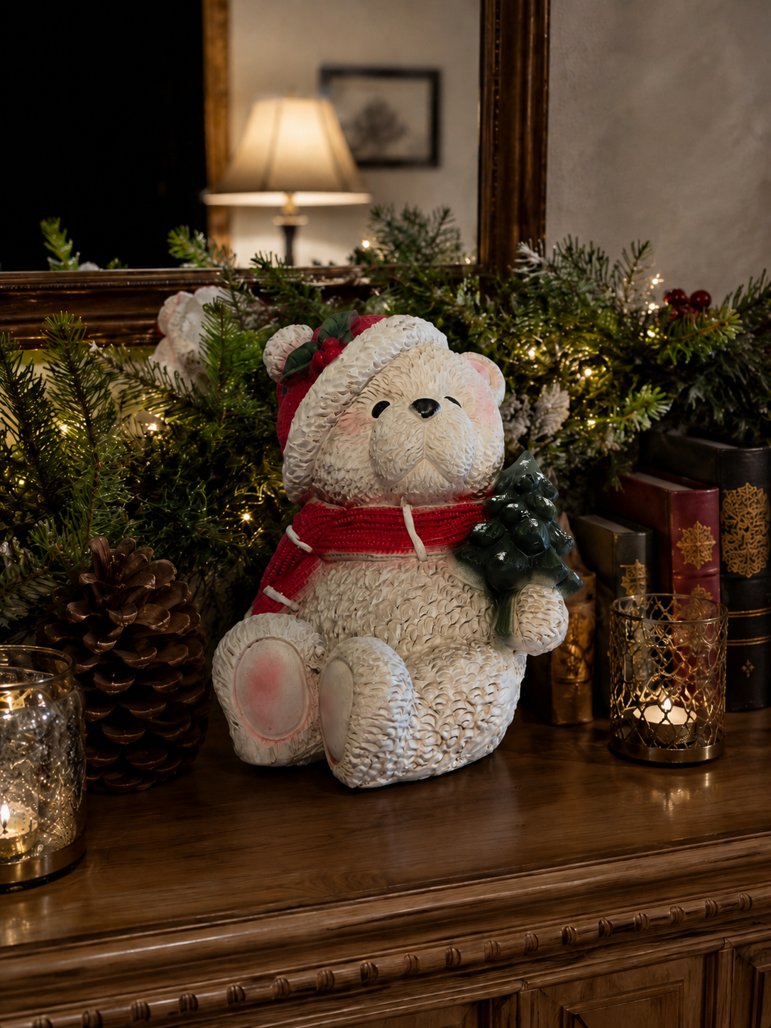 Christmas bear figurine styled on a mantel with evergreen garland, twinkle lights, pinecones, candles, and cozy holiday decor.