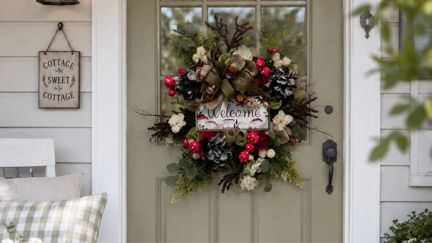 Handmade welcome wreath displayed on a cottage-style front door, featuring greenery, cream florals, pinecones, berry accents, and whimsical mushroom details.