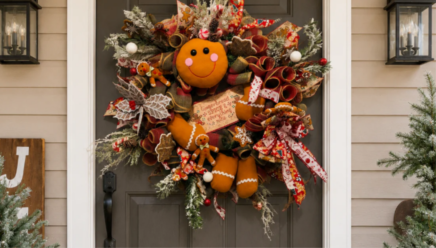 Handmade gingerbread Christmas wreath on a holiday front porch with evergreen trees, festive ribbon, ornaments, and cozy Christmas decor.