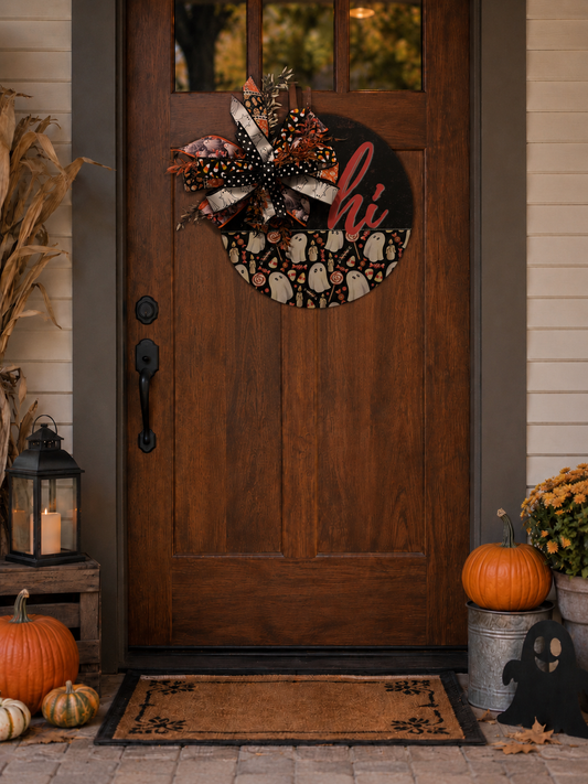 Boo Crew Greeting | Halloween Ghost Door Hanger with Candy Corn & Ghosts Bow