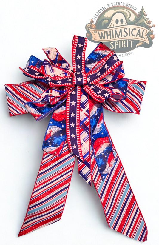 Decorative bow with red, white, and blue pattern on a white background, featuring 'Whimsical Spirit' logo.