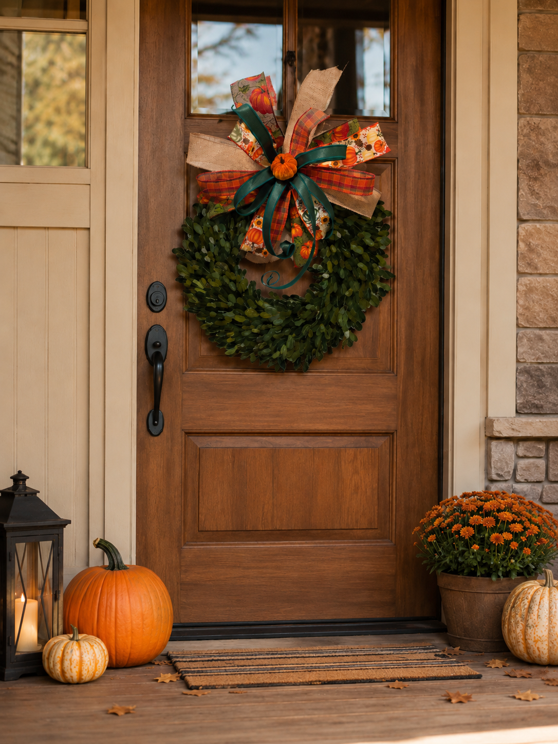 Pumpkin Patch Plaid | Fall Boxwood Wreath Door Hanger with Pumpkin Bow