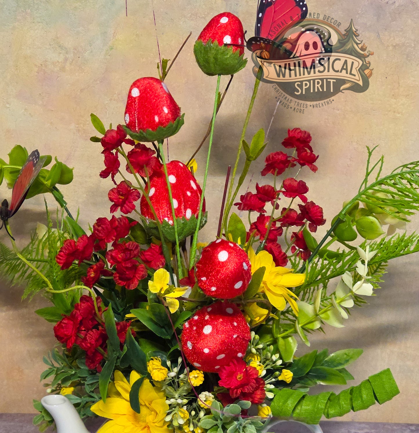 Berry Patch Tea Gathering - Strawberry Butterfly Vintage Teapot Centerpiece