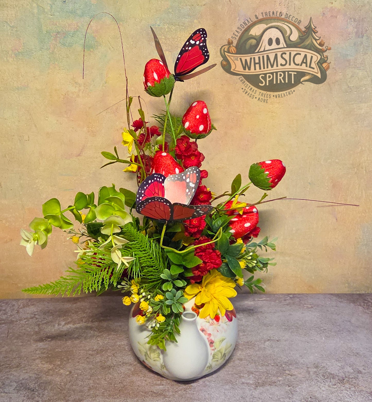 Berry Patch Tea Gathering - Strawberry Butterfly Vintage Teapot Centerpiece