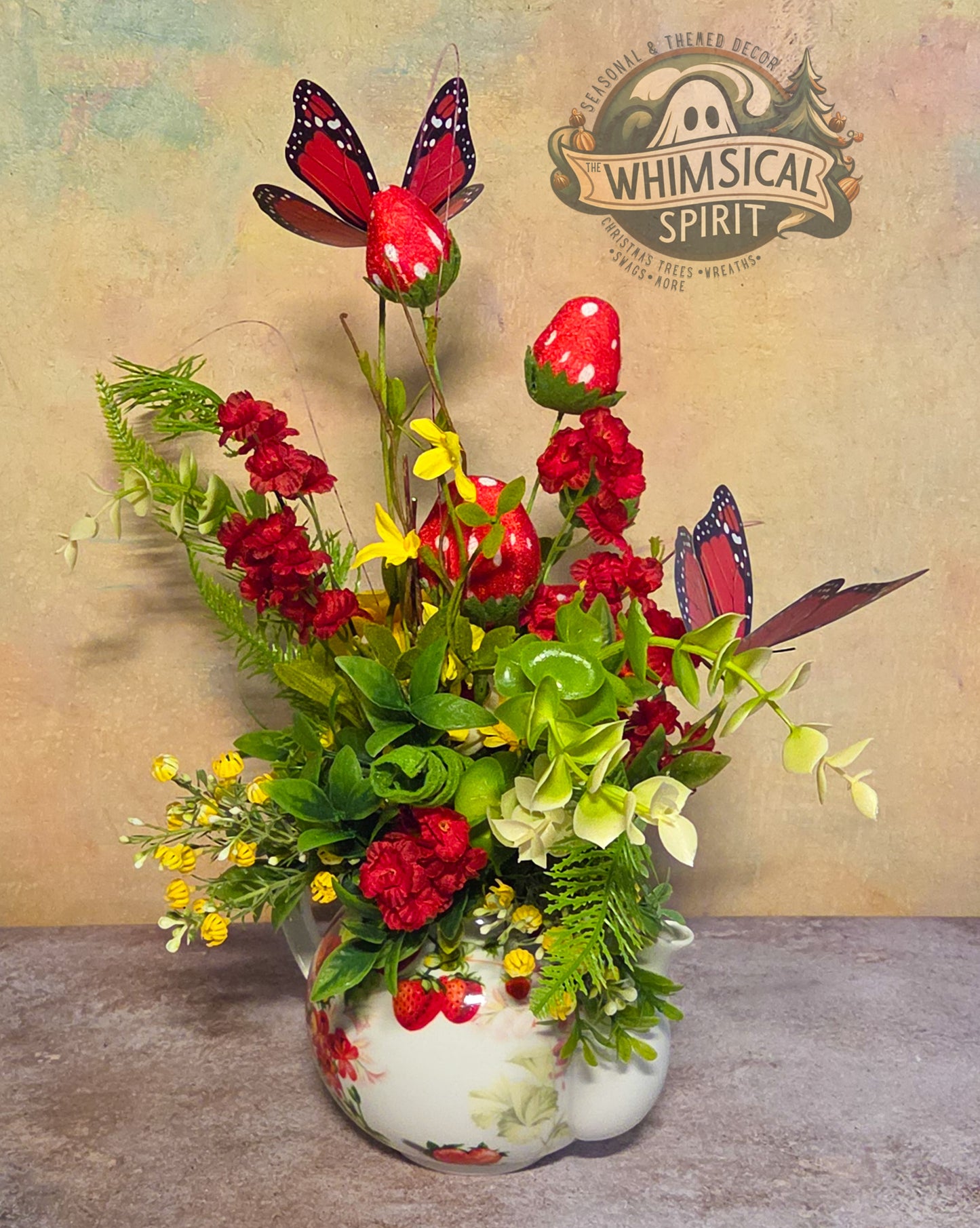 Berry Patch Tea Gathering - Strawberry Butterfly Vintage Teapot Centerpiece