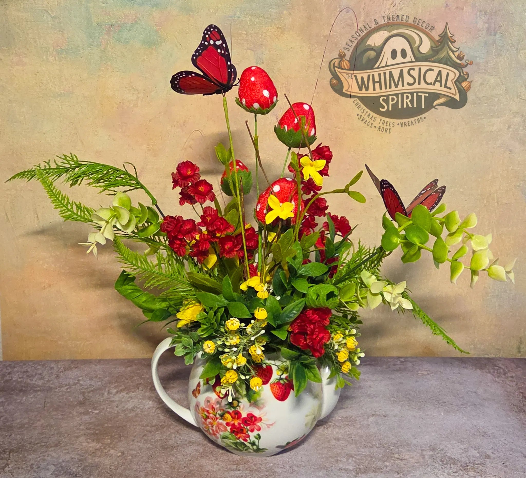 Berry Patch Tea Gathering - Strawberry Butterfly Vintage Teapot Centerpiece The Whimsical Spirit