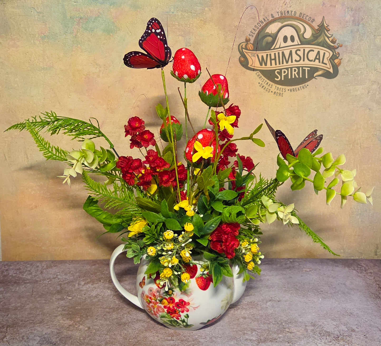 Berry Patch Tea Gathering - Strawberry Butterfly Vintage Teapot Centerpiece