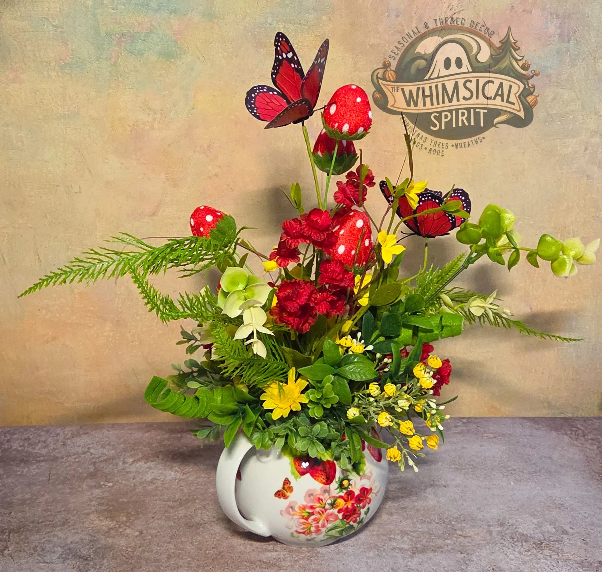 Berry Patch Tea Gathering - Strawberry Butterfly Vintage Teapot Centerpiece The Whimsical Spirit