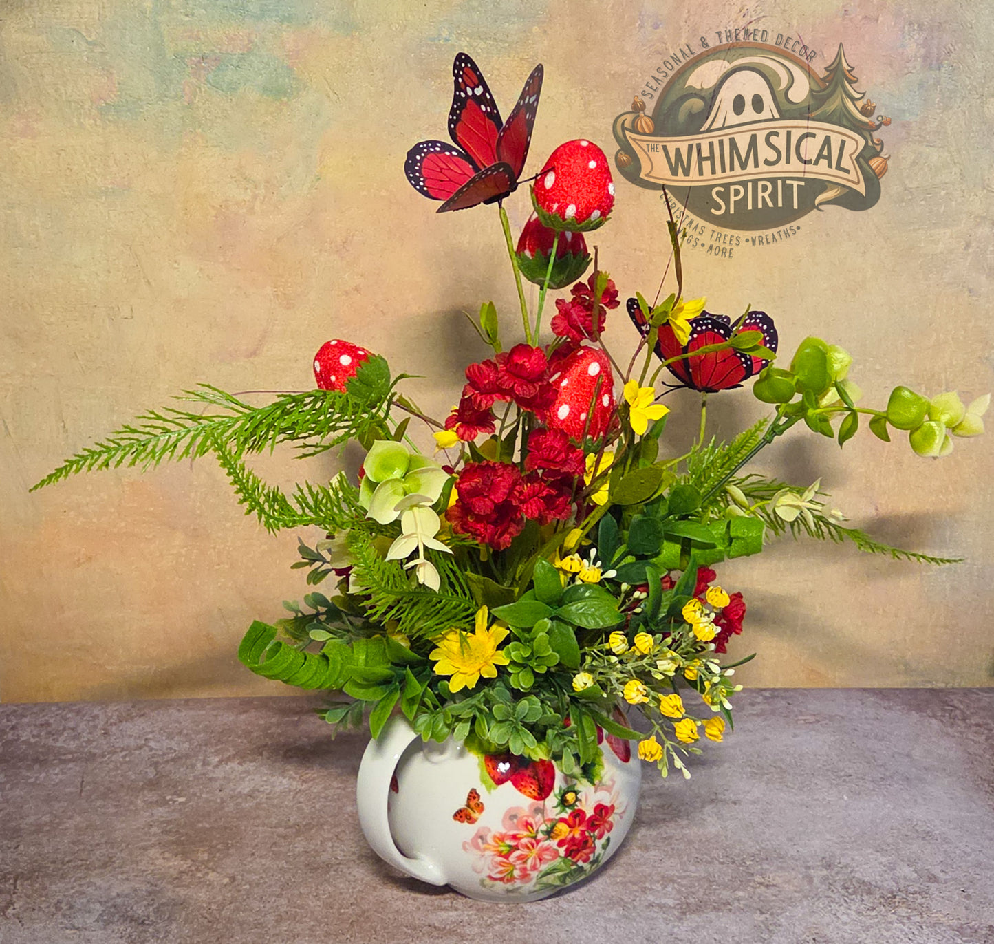 Berry Patch Tea Gathering - Strawberry Butterfly Vintage Teapot Centerpiece