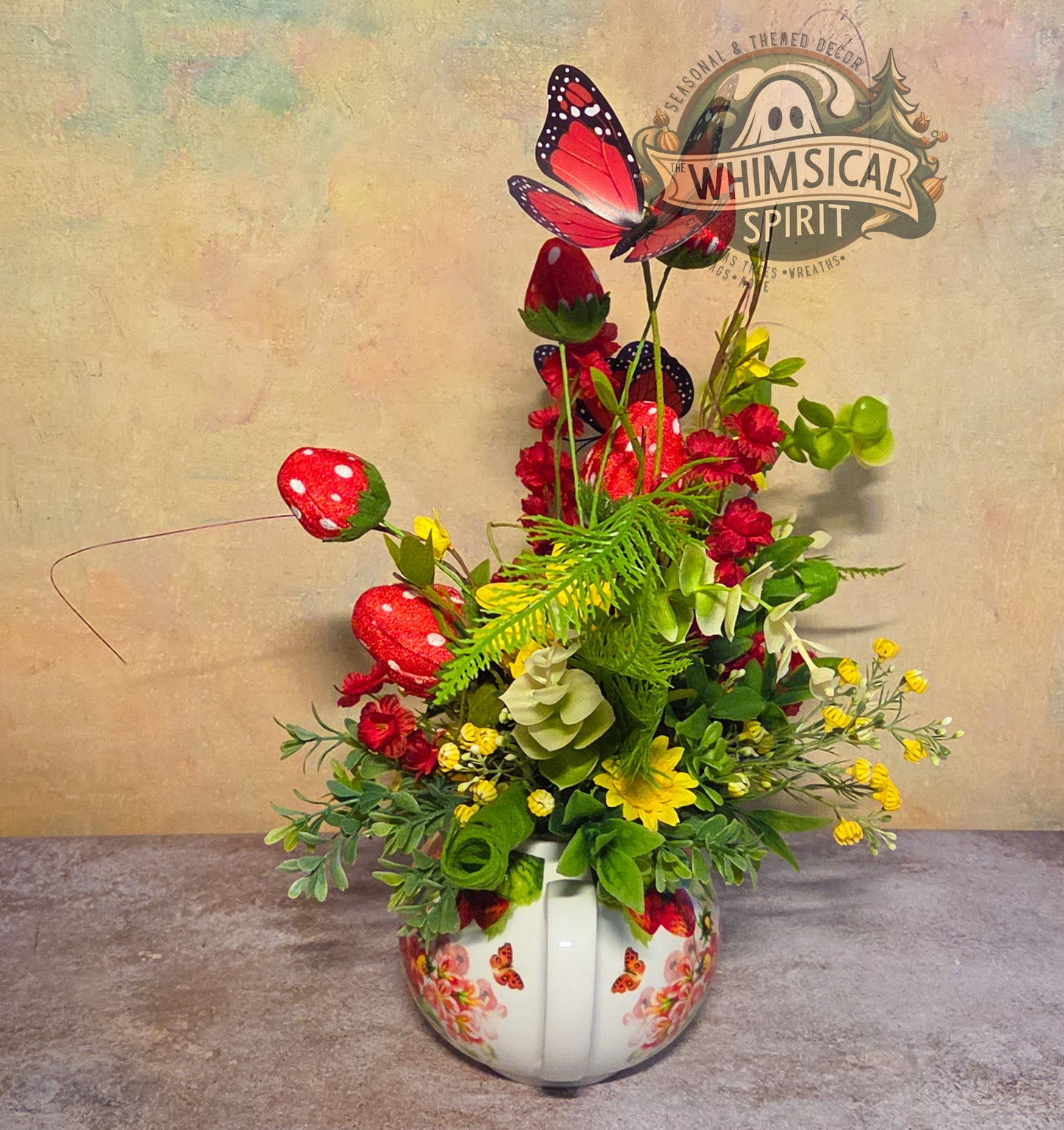 Berry Patch Tea Gathering - Strawberry Butterfly Vintage Teapot Centerpiece