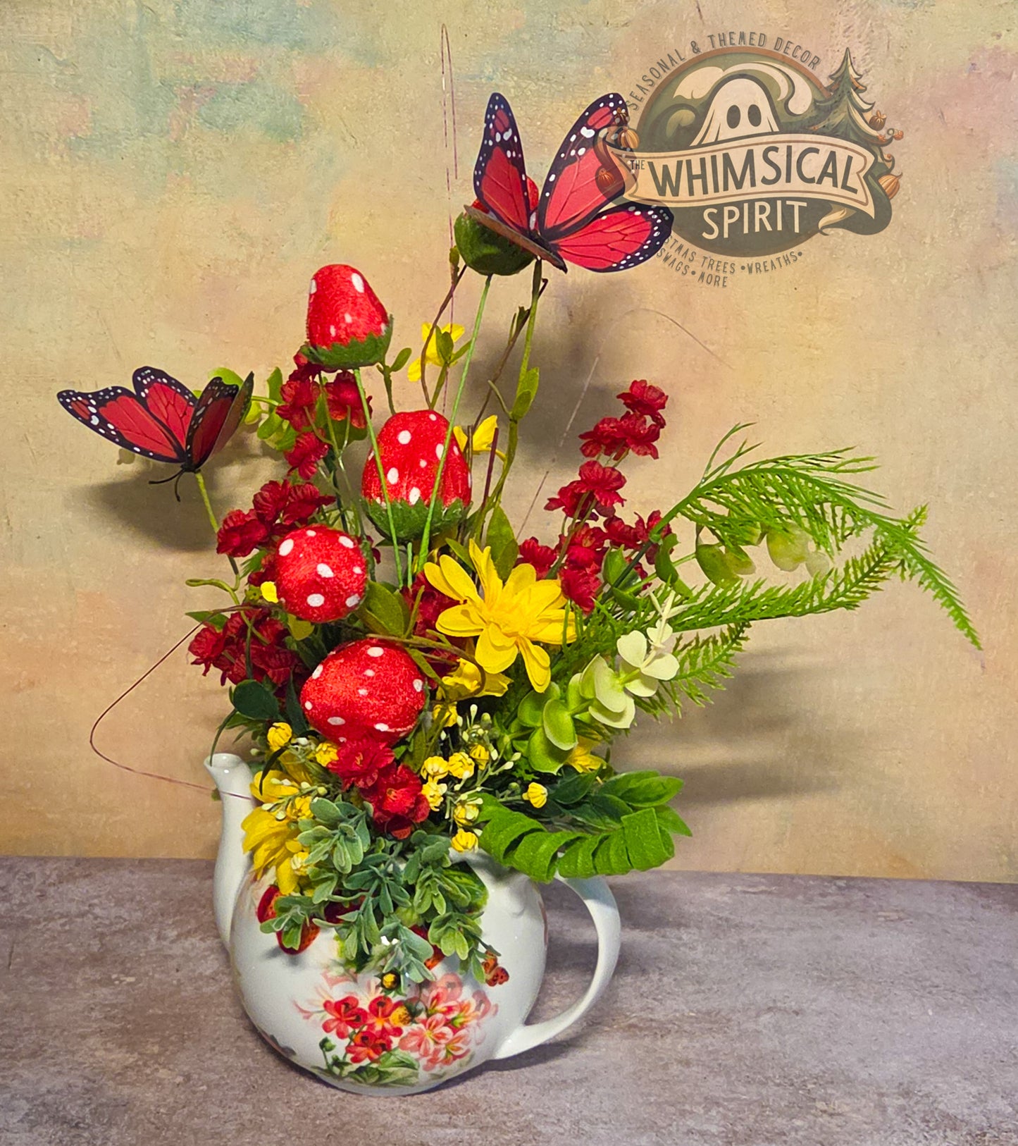Berry Patch Tea Gathering - Strawberry Butterfly Vintage Teapot Centerpiece
