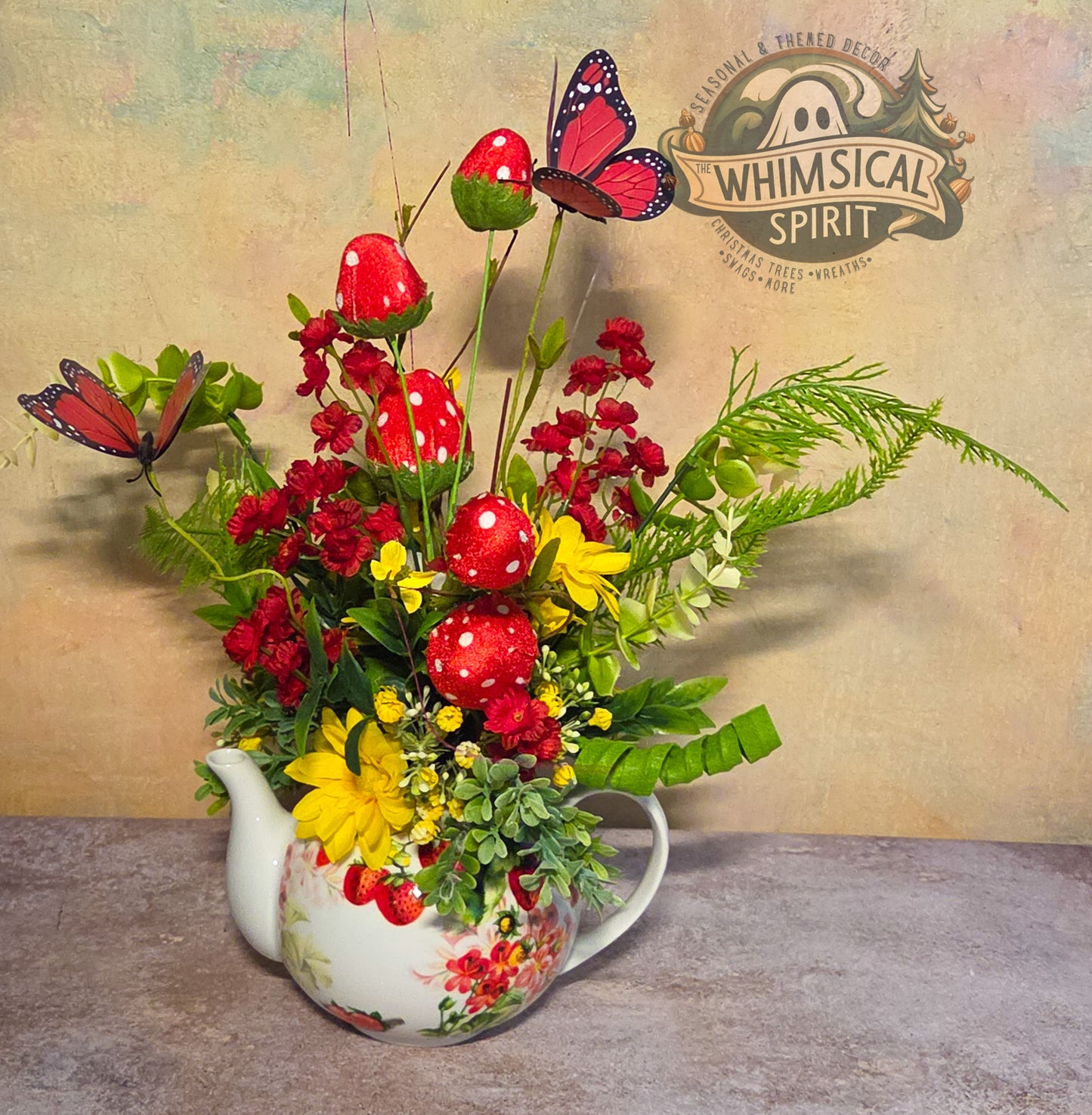 Berry Patch Tea Gathering - Strawberry Butterfly Vintage Teapot Centerpiece