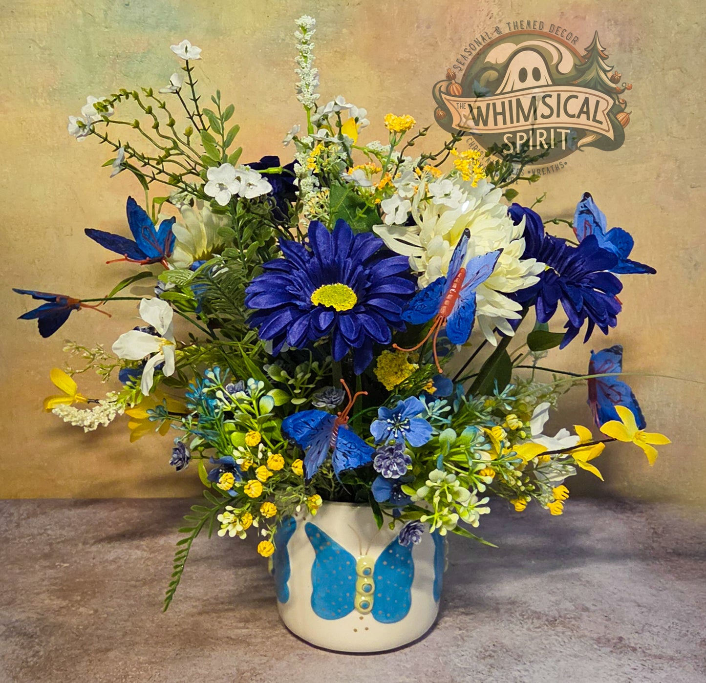 Blue Meadow Flutter - Spring Butterfly Wildflower Centerpiece
