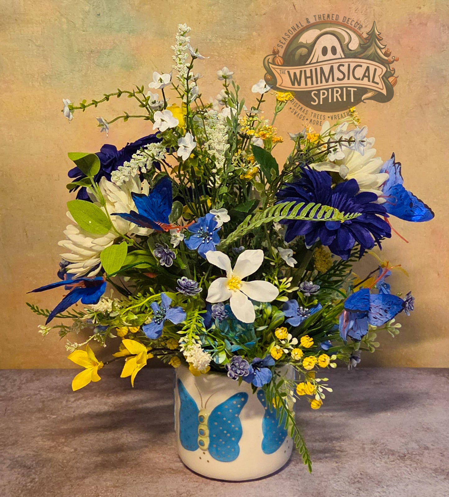 Blue Meadow Flutter - Spring Butterfly Wildflower Centerpiece