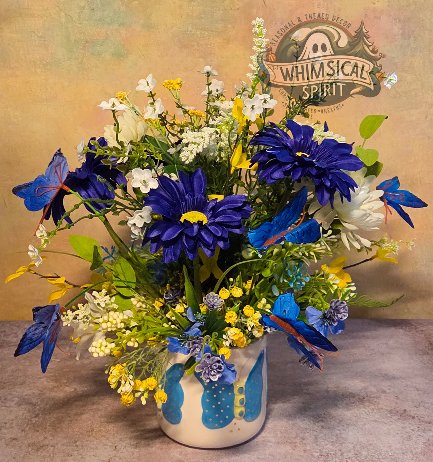 Blue Meadow Flutter - Spring Butterfly Wildflower Centerpiece
