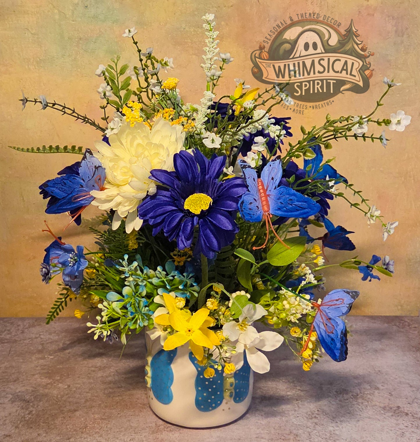 Blue Meadow Flutter - Spring Butterfly Wildflower Centerpiece