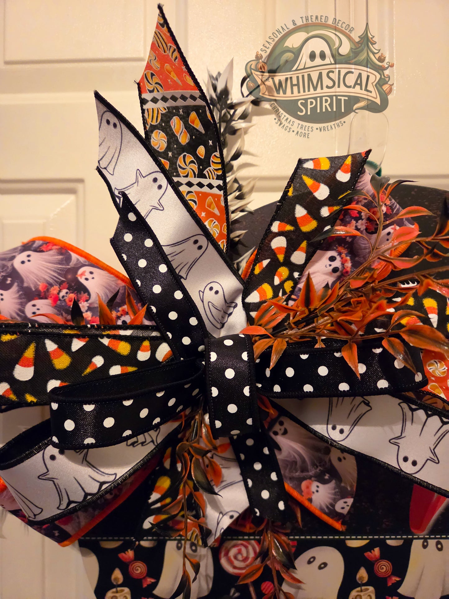 Boo Crew Greeting | Halloween Ghost Door Hanger with Candy Corn & Ghosts Bow