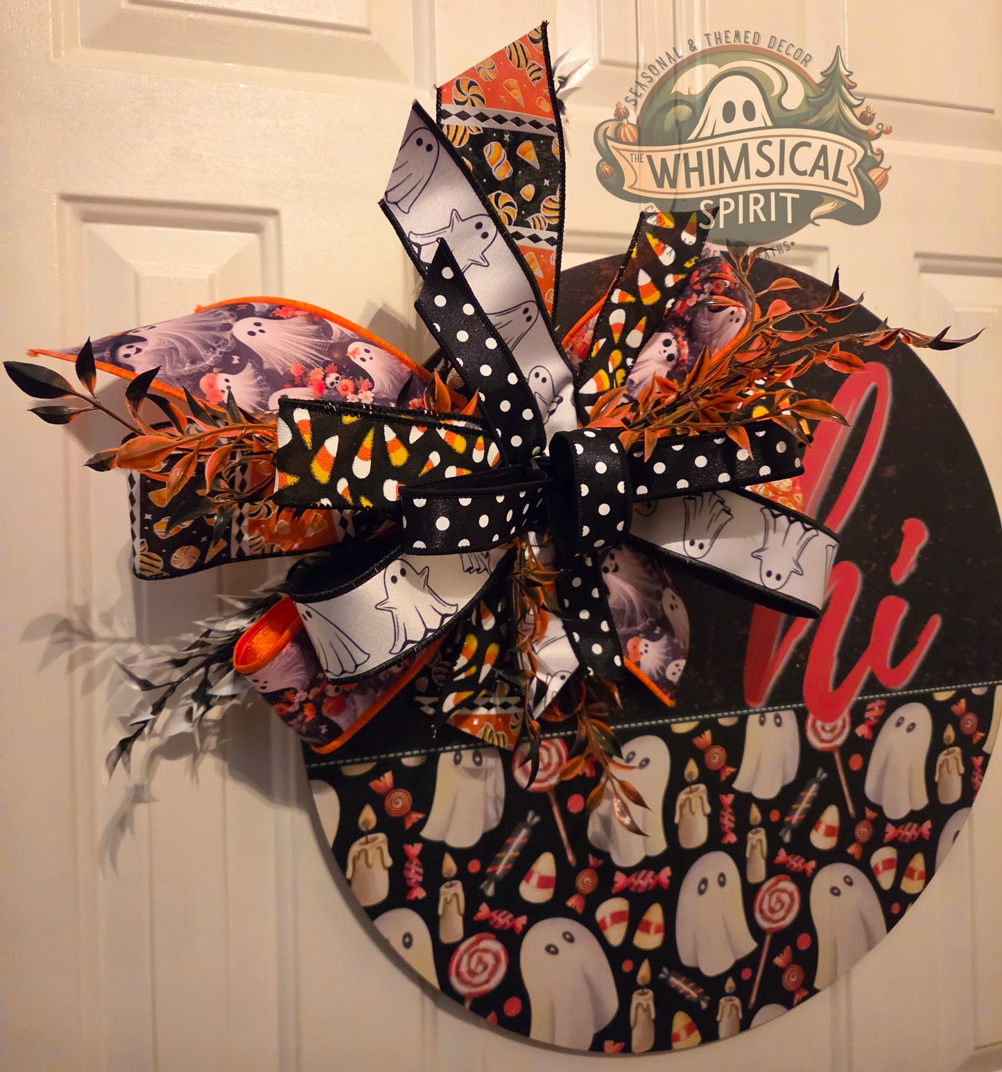 Boo Crew Greeting | Halloween Ghost Door Hanger with Candy Corn & Ghosts Bow
