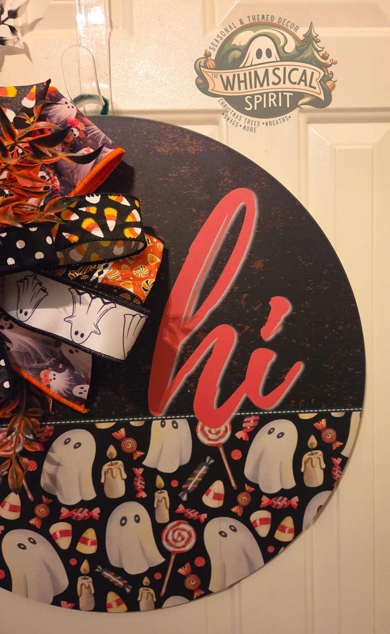Boo Crew Greeting | Halloween Ghost Door Hanger with Candy Corn & Ghosts Bow