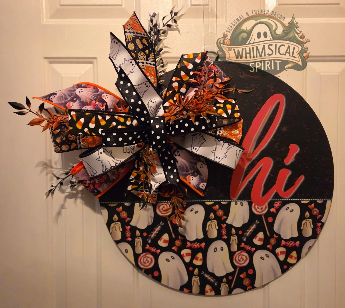 Boo Crew Greeting | Halloween Ghost Door Hanger with Candy Corn & Ghosts Bow The Whimsical Spirit
