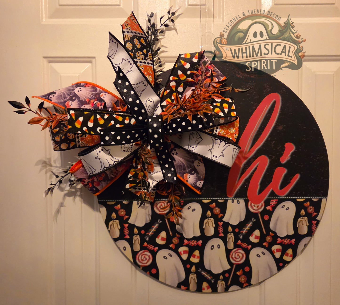 Boo Crew Greeting | Halloween Ghost Door Hanger with Candy Corn & Ghosts Bow