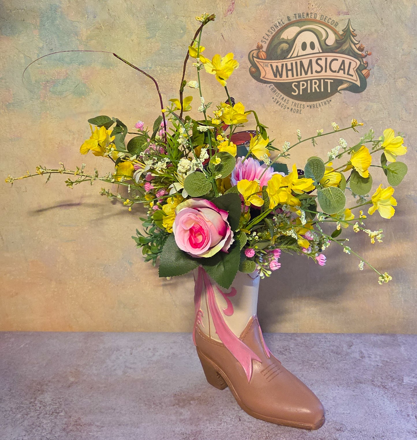 Boots, Blooms & Butterflies - Pink Floral Cowgirl Boot Centerpiece