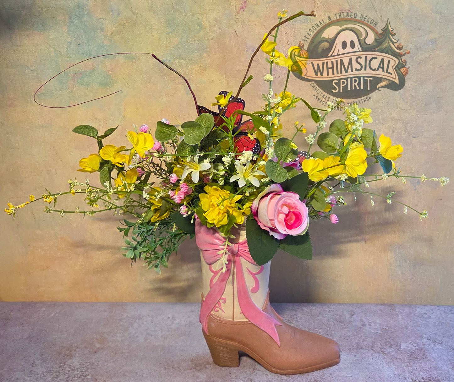 Boots, Blooms & Butterflies - Pink Floral Cowgirl Boot Centerpiece