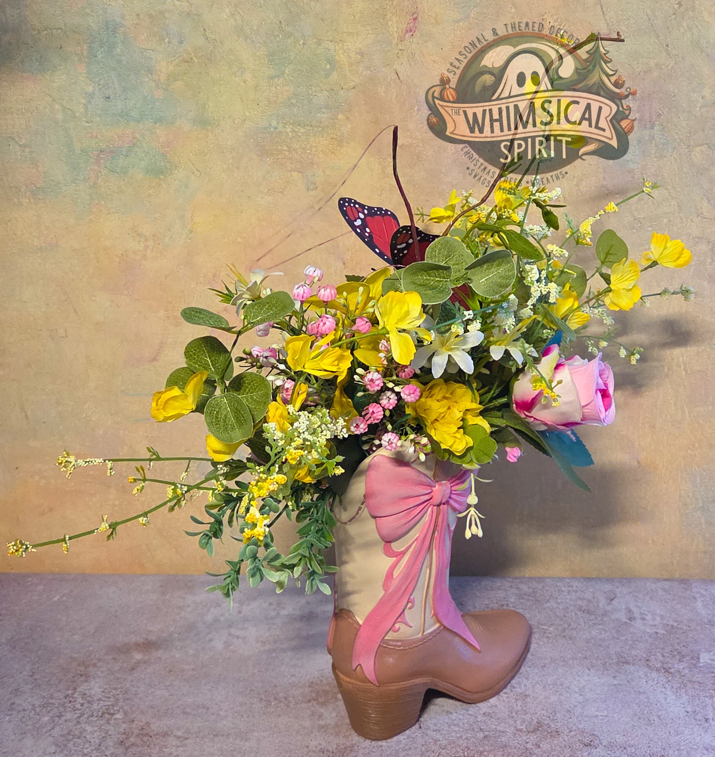Boots, Blooms & Butterflies - Pink Floral Cowgirl Boot Centerpiece