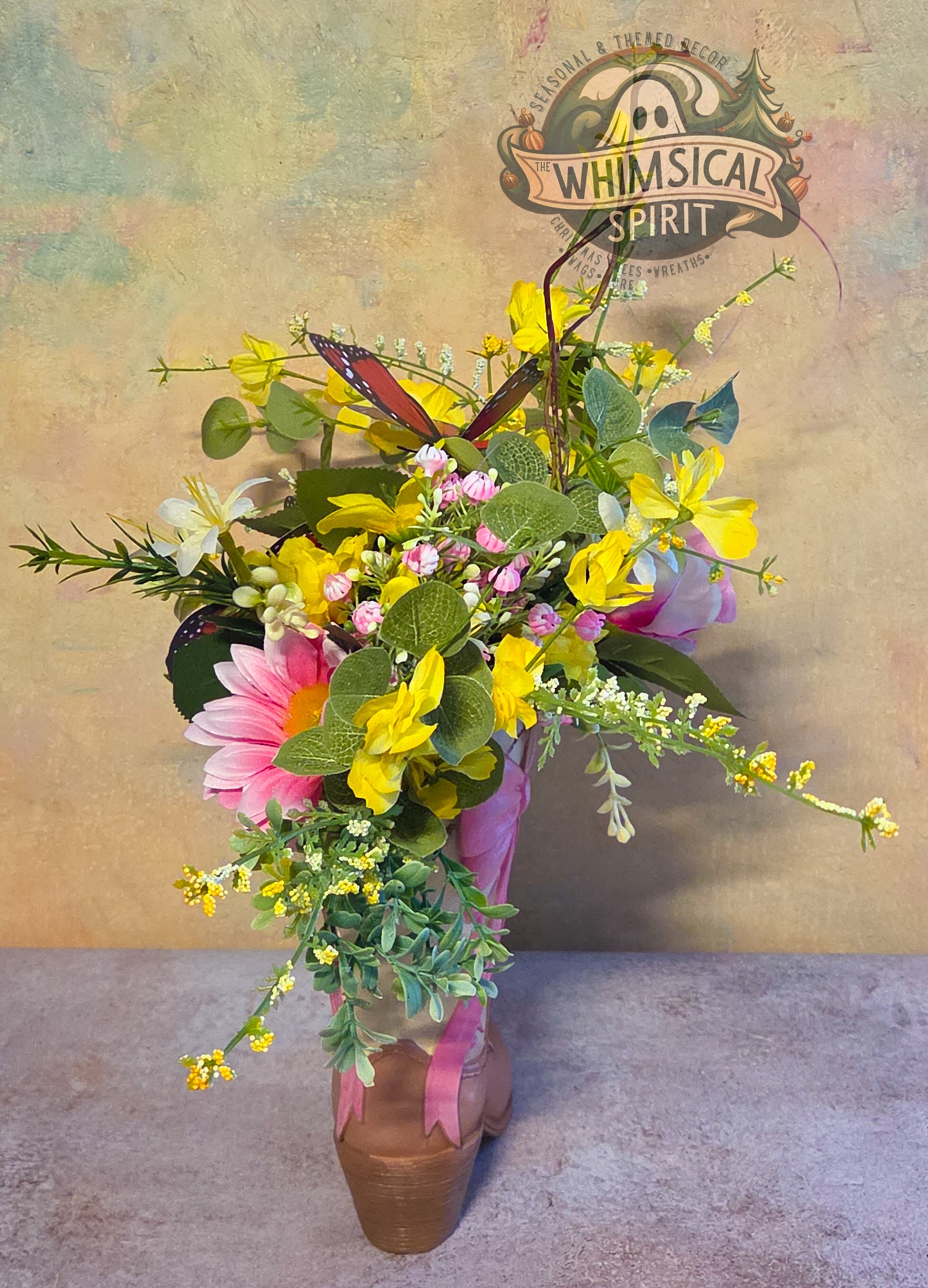Boots, Blooms & Butterflies - Pink Floral Cowgirl Boot Centerpiece