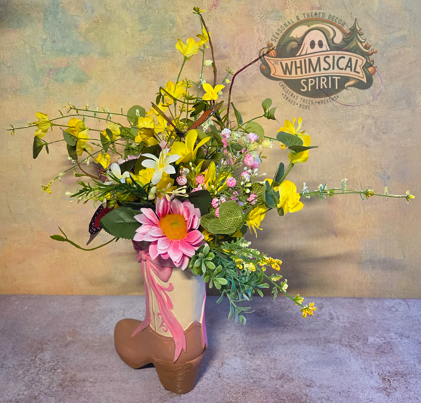 Boots, Blooms & Butterflies - Pink Floral Cowgirl Boot Centerpiece