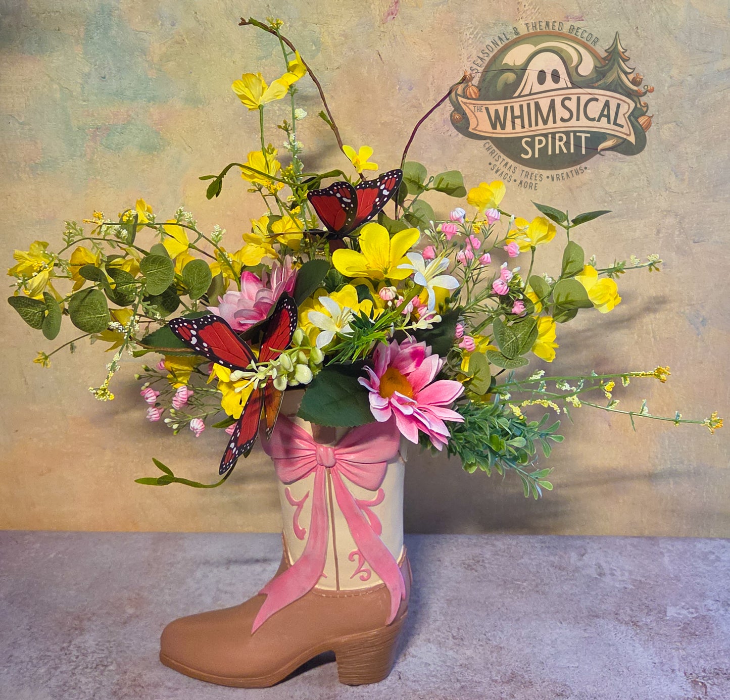 Boots, Blooms & Butterflies - Pink Floral Cowgirl Boot Centerpiece