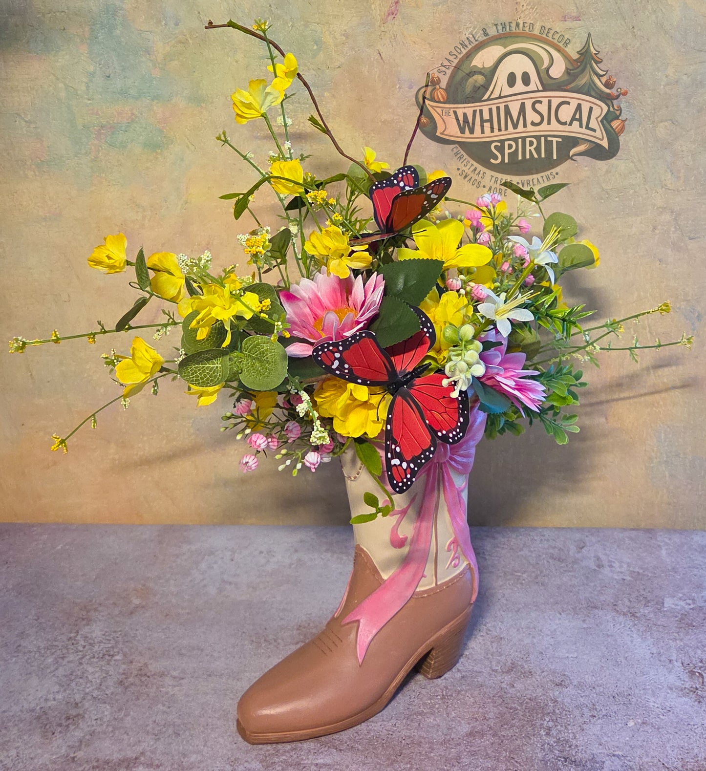 Boots, Blooms & Butterflies - Pink Floral Cowgirl Boot Centerpiece