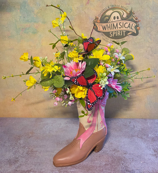 Boots, Blooms & Butterflies - Pink Floral Cowgirl Boot Centerpiece