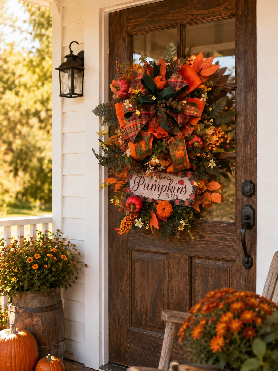 Pumpkins, Plaid & Pleasantries | Fall Pumpkin Front Door Swag with Autumn Leaves