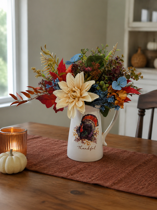 Harvest Hearth Blessing | Thanksgiving Pitcher Centerpiece with Autumn Florals