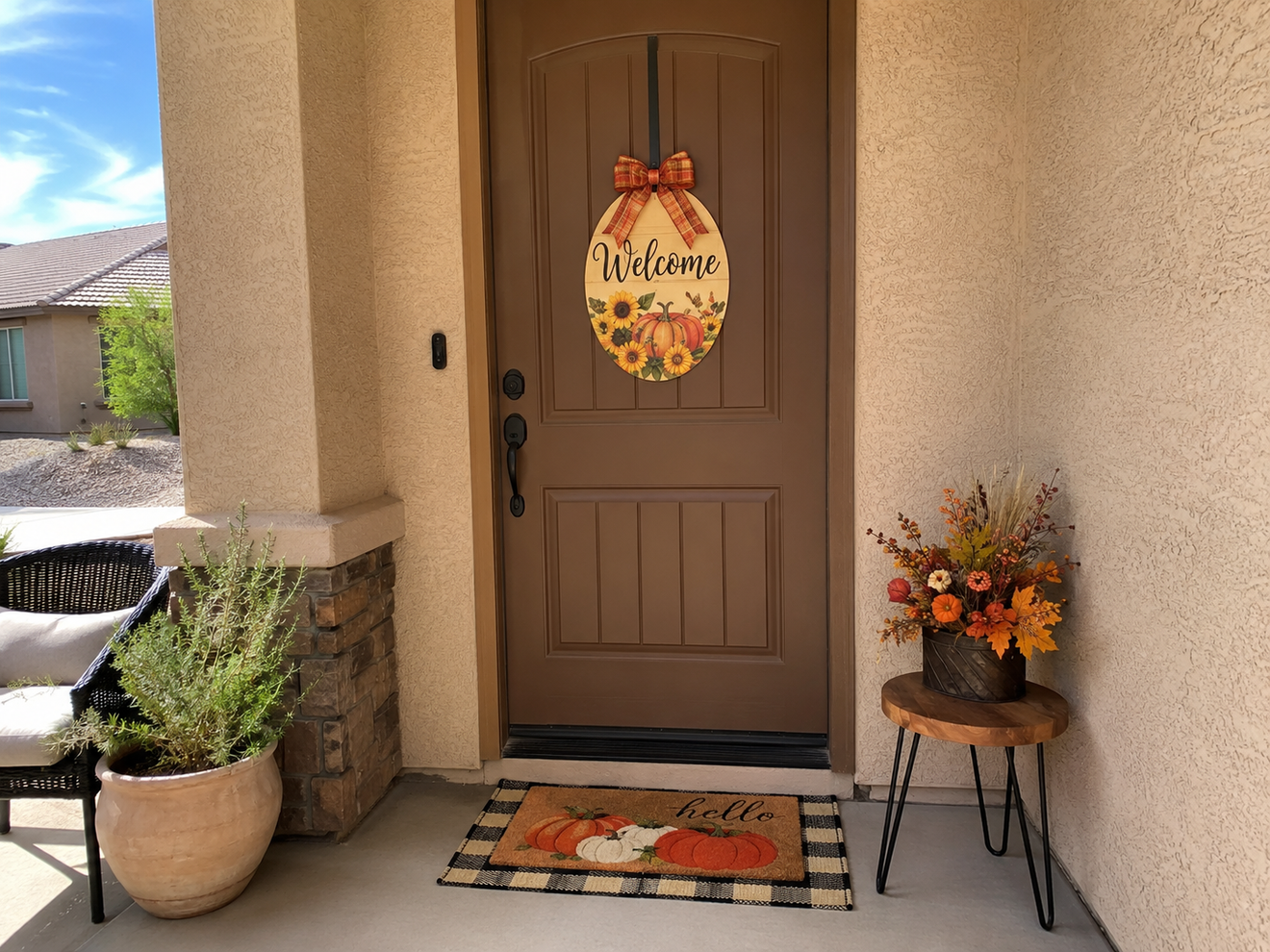 Fall porch glow-up with seasonal door hanger, coordinating tabletop centerpiece, pumpkin doormat, and simple autumn accents on a covered Arizona front porch.