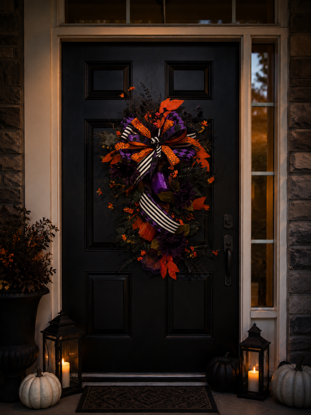 Midnight Masquerade Bloom | Elegant Halloween Door Swag with Purple Florals & Black Orange Ribbon